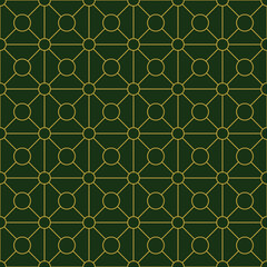 Geometric golden ornament grid on green background. Seamless fine abstract pattern, wrapping paper