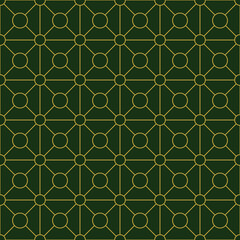 Obraz premium Geometric golden ornament grid on green background. Seamless fine abstract pattern, wrapping paper