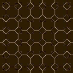 Geometric golden ornament grid on brown background. Seamless fine abstract pattern, wrapping paper