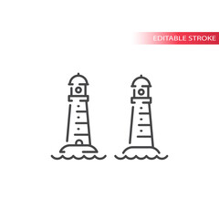 Lighthouse line vector icon. Sea tower beacon with wave outline symbol, editable stroke