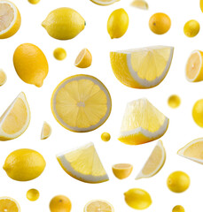 Lemon pieces of various shapes, glowing from inside, flying in space. Lemon isolated on white. Superior resolution and retouching