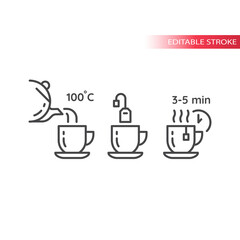 Tea preparation instruction line vector icon. Tea mug, bag, teapot outline symbols, editable stroke.