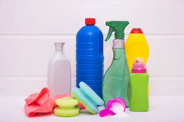 rag and sponges, scattered powder and liquids for cleaning and disinfection, at home