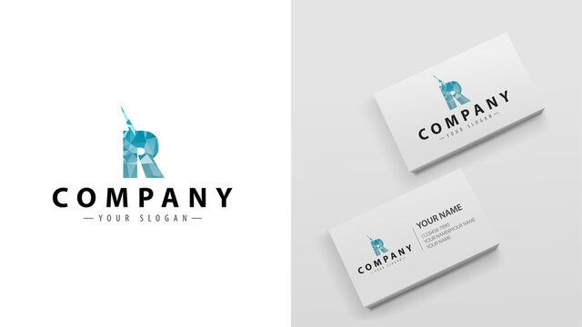 Logo polygon with the letter R. Mockup of business cards with a logo