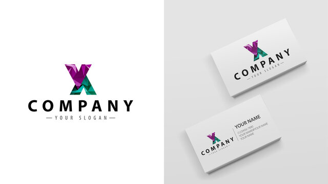 Logo polygon with the letter X. Mockup of business cards with a logo