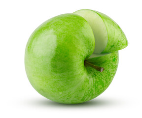 Green Apple Sliced Isolated on White Background. Highly Retouched Closeup. Full Depth of Field. Juicy Green Apple, Absolute Sharpness High Resolution Image