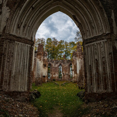 The ruins of an old abandoned church. A large ruined old building of church.