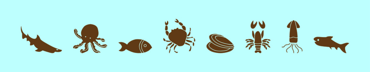 set of sea food cartoon icon design template with various models. vector illustration isolated on blue background