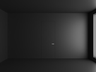 3d render black empty minimal interior with door