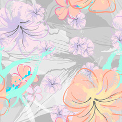 Pink Flowers Blooming Pattern. Pastel Watercolor.
