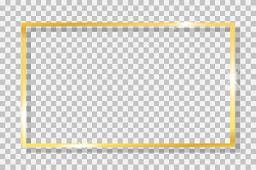Gold frame. Square with golden border. Framework for christmas, luxury banner, birthday and wedding. Rectangle with line boarder, glow and shiny. Modern background for magic and celebration. Vector