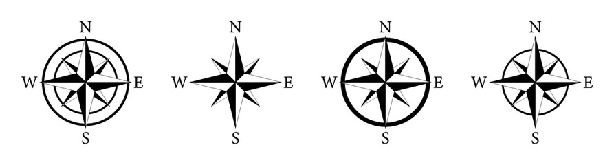 Compass icon. Nautical compass for travel with sign of north, south, west, east. Set of logo for map and navigation. Symbol of direction. Arrow, dial for orientation of latitude, longitude. Vector. © Wise ant