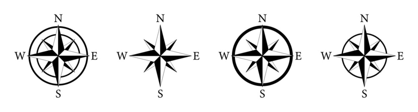Compass icon. Nautical compass for travel with sign of north, south, west, east. Set of logo for map and navigation. Symbol of direction. Arrow, dial for orientation of latitude, longitude. Vector.