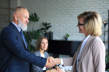 Business people shaking hands, finishing up a meeting.