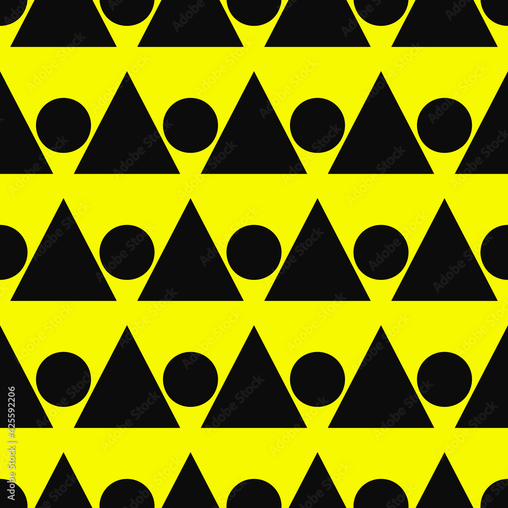 Poster yellow circles and triangles. vector same black shapes on yellow background.
