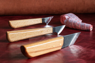 Sharp knives designed for carving and cutting material.