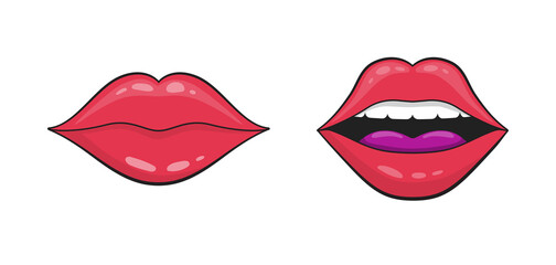 Fototapeta na wymiar Lip for kiss. Red sexy lips, mouth for love. Smile of girl lips. Pink female lipstick for beautiful and glamour woman. Cartoon icon for cosmetic. Open and closed mouth with tongue and teeth. Vector