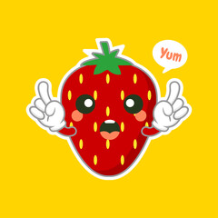 cute and kawaii strawberry fruit character. can be used in restaurant menu, cooking books and organic farm label. Healthy food. Tasty vegan . Organic product. Culinary ingredient.