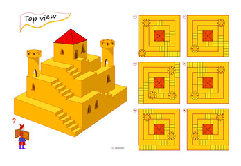 Logic puzzle game for children and adults. 3D maze. Need to find correct top view of tower. Printable page for brain teaser book. Developing spatial thinking skills. IQ test. Flat illustration. - obrazy, fototapety, plakaty
