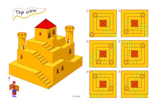 Logic puzzle game for children and adults. 3D maze. Need to find correct top view of tower. Printable page for brain teaser book. Developing spatial thinking skills. IQ test. Flat illustration.
