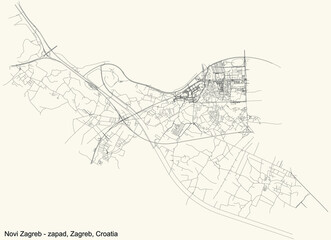 Black simple detailed street roads map on vintage beige background of the quarter Novi Zagreb – zapad district of Zagreb, Croatia