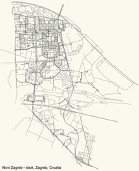 Black simple detailed street roads map on vintage beige background of the quarter Novi Zagreb &ndash; istok district of Zagreb, Croatia