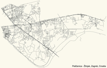 Fototapeta premium Black simple detailed street roads map on vintage beige background of the quarter Peščenica – Žitnjak district of Zagreb, Croatia