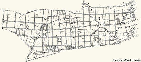 Black simple detailed street roads map on vintage beige background of the quarter Donji Grad district of Zagreb, Croatia