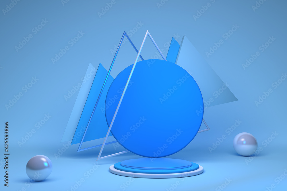 Poster 3d rendered blue studio with geometric shapes triangles and spheres, empty round podium on the floor