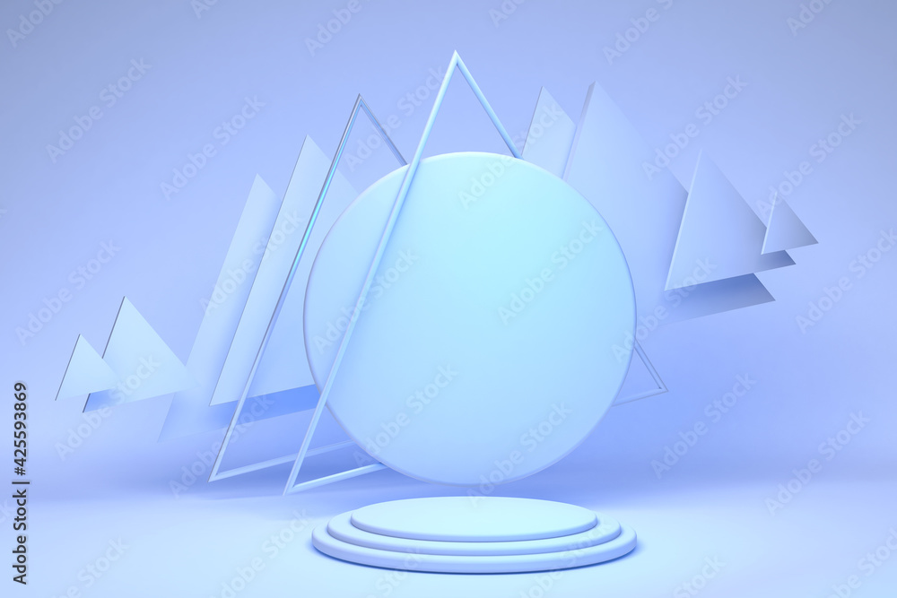 Poster empty blue white cylinder podium with triangle frame on light pastel background. abstract minimal st
