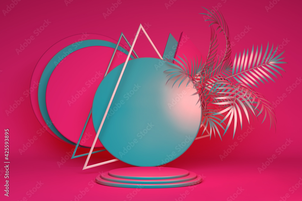 Poster 3d pink green podium on bright background and abstract tree leaf. summer minimal holiday product pro