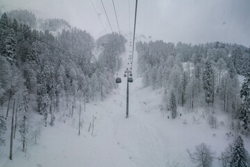 Chairlift and snow-covered forest around, the Caucasus Mountains, Sochi.