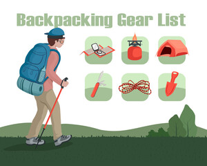 Backpacking gear list. Hiking equipment. Trekking plan. Camping tent set. Cheap budget travel. Summer adventure trip. Backpack traveler with accessory. Tourist activity and Exploring. Outdoor journey.