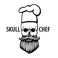 skull in chef hat with beard and mustache isolated vector illustration. Skull chef logo