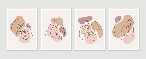 Line woman portrait set of abstract aesthetic minimalist hand drawn contemporary posters. Abstract Art design for print, wallpaper, cover. Modern vector illustration.
