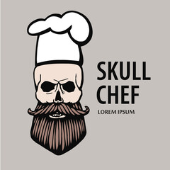 skull in chef hat with beard and mustache isolated vector illustration. Skull chef logo