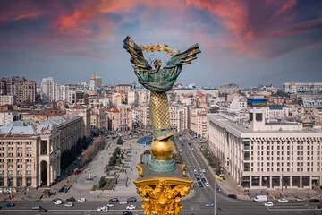 Independence Monument in Kyiv. View from drone