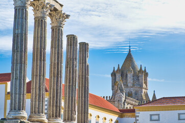 Roman temple of Évora and cathedral in the background