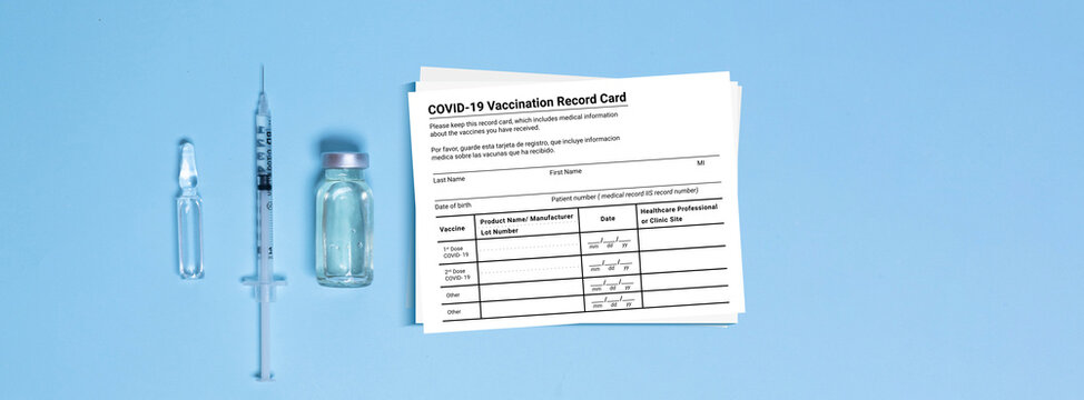 Coronavirus Vaccination Record Card. Covid19 Vaccine Vial And Syringe, Coronavirus Immunization Concept