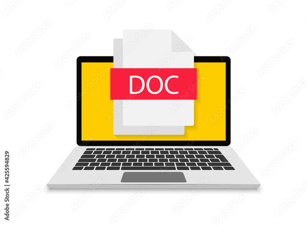 Poster doc file icon on laptop screen. view, read, download doc file on laptops and mobile devices. banner 