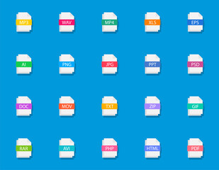 Big set of colorful file types. Document icons with different file types, extensions. File of pdf, doc, jpg, psd, gif, xls, ppt, html, txt and others. Web design graphic elements. Vector illustration