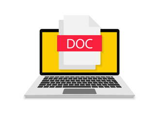 DOC file icon on laptop screen. View, read, download DOC file on laptops and mobile devices. Banner for business, marketing and advertising. Concept of downloading or viewing file on computer. Vector.