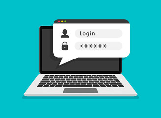 Login form on laptop screen. Online registration. Сomputer with login and password form page on screen. User authorization. Username and password fields. Vector illustration. EPS-10