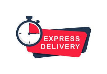 Express delivery service logo. Timer and express delivery inscription. Stopwatch icon for express service. Delivery concept for apps and website. Vector illustration. Flat design