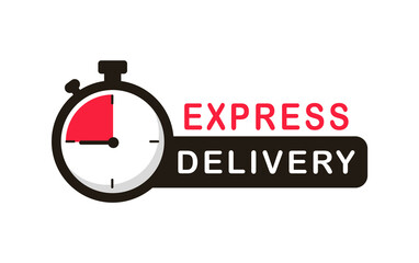 Express delivery service logo. Timer and express delivery inscription. Stopwatch icon for express service. Delivery concept for apps and website. Vector illustration. Flat design