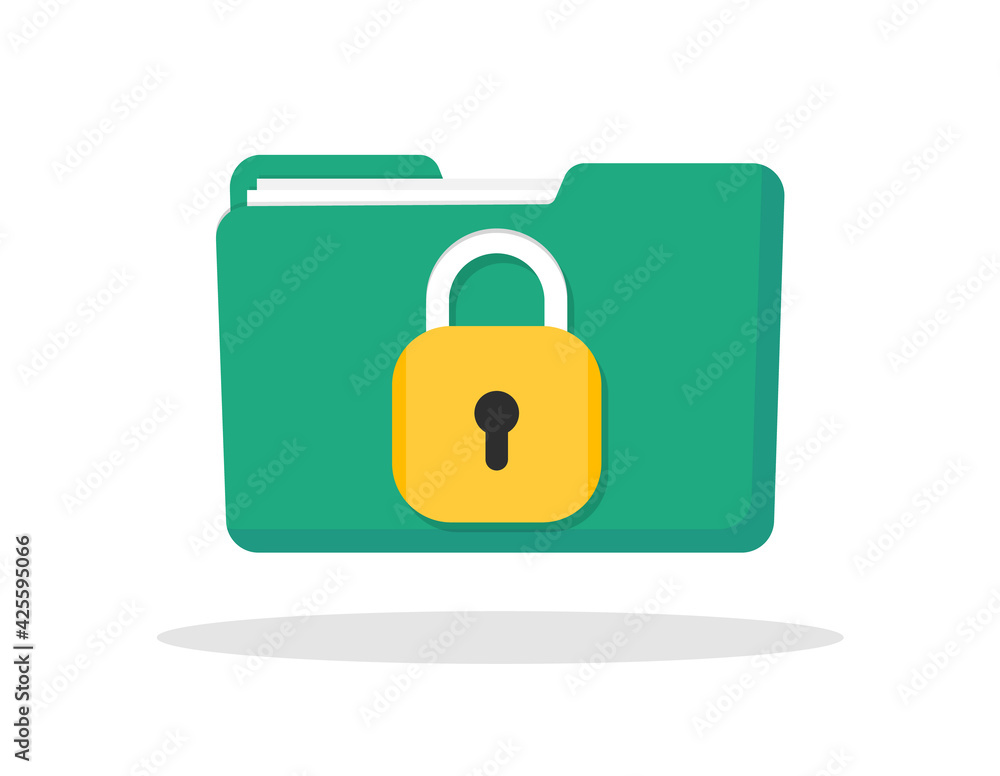 Aufkleber file protection. green folder with documents and yellow padlock. data security and privacy concept. 