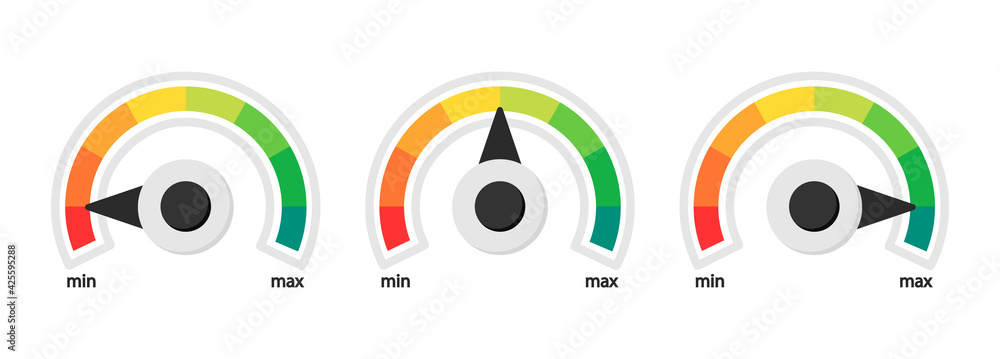 Poster speed ​​measurement color icons set, isolated on white background. colored scale speed, measuring de