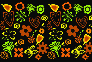 floral theme pattern on black background in green yellow orange shade