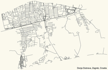 Fototapeta na wymiar Black simple detailed street roads map on vintage beige background of the quarter Donja Dubrava district of Zagreb, Croatia