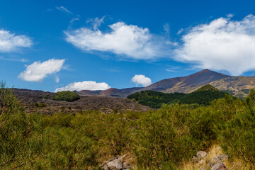 View at Mount Etna (volcano) in Summer time, Sicily. Italy, Europe